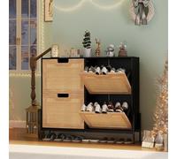 GarveeHome Zapatero con 4 Puertas Plegables de ratán Natural, Organizador de Zapatos Estrecho con Compartimentos extraíbles y pies de Metal para Pasillo, Entrada, Ahorra Espacio