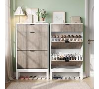 GarveeHome Zapatero Estrecho con 2 cajones abatibles y 1 cajón pequeño - Diseño Moderno Acanalado - Capacidad 8-12 Pares - Estantes Ajustables Entrada y Pasillo - Gris + Blanco