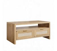 GarveeHomesa de Centro Ratán Bohemia con 2 Cajones y Estante Abierto, Mesa de Salón Rectangular de 102 cm, Estilo Boho con Acabado en Marrón, Mueble de Almacenaje para Sala de Estar y Recibidor
