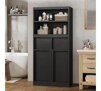 GarveeLife Armario Baño Alto 130 cm con Puertas y 2 Cajones, Mueble Almacenaje Independiente Estantes Abiertos, Gabinete Organizador para Baño, Salón, Cocina, Recibidor (Negro)