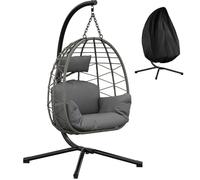 GarveeLife Columpio Jardin Exterior - Silla Colgante con Soporte Totalmente Metálico - Silla Huevo Colgante con Capacidad de 150 Kg - Incluye Cojines Relax para Jardín, Balcón, Patio, Color Gris