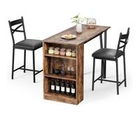 GarveeLife Conjunto de Mesa de Bar Extensible 3 Piezas - 2 taburetes Altos con cojín de PU - Estantes de Almacenamiento - Solución compacta para Cocina, Comedor o apartamento pequeño - Gris/Negro
