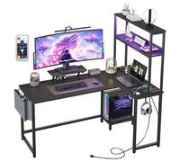 GarveeLife Escritorio Esquinero en L con Luces LED y Enchufe, Mesa Gamer con Estante para Monitor, Ahorro de Espacio Escritorios de Oficina Estructura de Metal Escritorio Esquinero de Madera,Negro