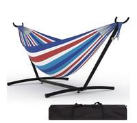 GarveeLife Hamaca Doble Soporte Hierro Plegable, Azul Blanco Rojo Rayas