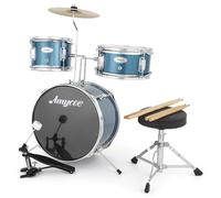 GarveeLife Juego de batería de 3 piezas con platillo, Tom, bombo, baquetas, pedal de bajo y taburete de batería, instrumentos musicales para principiantes, azul