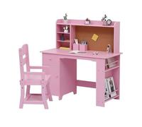 GarveeLife Juego de Escritorio y Silla para Niños de 3 a 8 Años - Mesa de Estudio de Madera con Estantería, Cajón, Armario y Panel de Corcho, 96x46x100CM y 72x34x29-38CM Rosa