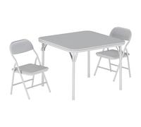 GarveeLife Juego De Mesa y Sillas Plegables Infantiles para Casa Guardería | Mesa Cuadrada Tapizada PU + 2 Sillas Acolchadas Suaves, Estructura Metálica Mesa Plegable de Actividades para Niños,Gris