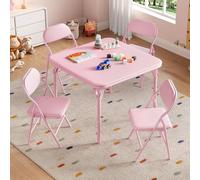 GarveeLife Juego De Mesa y Sillas Plegables Infantiles para Casa Guardería | Mesa Cuadrada Tapizada PU + 4 Sillas Acolchadas Suaves, Estructura Metálica Mesa Plegable de Actividades para Niños,Rosa