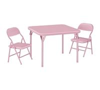 GarveeLife Juego De Mesa y Sillas Plegables Infantiles para Casa Guardería | Mesa Cuadrada Tapizada PU + 2 Sillas Acolchadas Suaves, Estructura Metálica Mesa Plegable de Actividades para Niños,Rosa