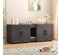 GarveeLife Mueble Arenero para Gatos - Gabinete Oculto con Doble Compartimento para 2 Cajas, Diseño 3 en 1 Mesita Lateral, Madera Impermeable, Negro 140x45x52 cm
