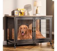 GarveeLife Muebles de caseta para perros de 37.5 pulgadas, muebles resistentes con ruedas, base de rejilla, bandeja extraíble, pestillos, jaula interior para perros medianos y pequeños, marrón