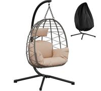 GarveeLife Silla Colgante Huevo De Ratán con Soporte De Acero Resistente, Reclinable y Plegable, Cojines Impermeables, Capacidad 150kg para Jardín, Patio y Balcón, Cojines Beige