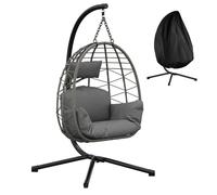 GarveeLife Silla Colgante Huevo De Ratán con Soporte De Acero Resistente, Reclinable y Plegable, Cojines Impermeables, Capacidad 150kg para Jardín, Patio y Balcón