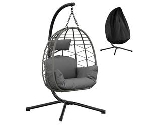 GarveeLife Silla Colgante Huevo De Ratán con Soporte De Acero Resistente, Reclinable y Plegable, Cojines Impermeables, Capacidad 150kg para Jardín, Patio y Balcón
