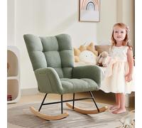 GarveeLife Silla Mecedora Ergonómica De Descanso, Respaldo Alto Tapizado En Peluche, Base De Madera y Patas Metálicas, Soporte 120kg, Sillón para Lectura, Hogar y Hostelería, Color Verde