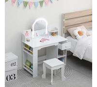 GarveeLife - Tocador Infantil con Taburete y Espejo LED, Mesa de Maquillaje pequeña con cajón y 1 Compartimentos Abiertos, para niña de 3 a 6 años, Color Blanco y Accesorios incluidos