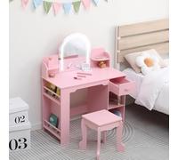 GarveeLife - Tocador para niño con Taburete y Espejo LED, Mesa de Maquillaje pequeña con cajón y 1 Compartimentos Abiertos, para niña de 3 a 6 años, Color Rosa, Accesorios incluidos