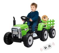 GarveeLife Tractor eléctrico para niños de 12 V con remolque, 3 velocidades, arranque suave, 2 modos de conducción y mando a distancia, luz LED, MP3, conexión inalámbrica, USB, coche eléctrico a
