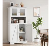 GarveeMore Alacena de Cocina con Puertas de Cristal y Estantes Ajustables, Mueble Auxiliar De Cocina Multifuncional para baño, Moderno en Madera Robusta, 60 * 30 * 128cm, Blanco
