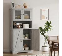 GarveeMore Alacena de Cocina con Puertas de Cristal y Estantes Ajustables, Mueble Auxiliar De Cocina Multifuncional para baño, Moderno en Madera Robusta, 60 * 30 * 128cm, Gris