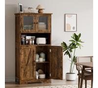 GarveeMore Alacena de Cocina con Puertas de Cristal y Estantes Ajustables, Mueble Auxiliar De Cocina Multifuncional para baño, Moderno en Madera Robusta, 60 * 30 * 128cm, Marrón