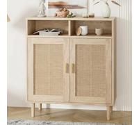 GarveeMore Aparador De Madera con Ratán - Armario De Almacenamiento para Salón con Puerta - Cuatro Compartimentos - para Salón, Dormitorio y Recibidor - Patas Altas - Fácil De Montar y Organizar