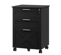 GarveeMore Archivo Móvil 3 Cajones con Cerradura, Cajonera con Ruedas y Estante para Impresora, Organizador de Oficina para Documentos A4, Estructura de Madera, Negro