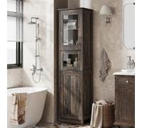 GarveeMore Armario Alto De Baño 170 cm, Mueble Estrecho con Puerta De Cristal y Cajón, Estantes Regulables, Almacenamiento para Cocina y Salón, Madera Maciza 40x30x170 cm, Roble Oscuro