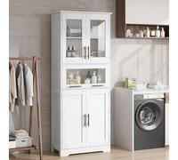 GarveeMore Armario Baño Suelo, Columna Baño con Puertas de Vidrio, Mueble Multiusos para Entrada y Salón, Blanco, 60×30×170 cm