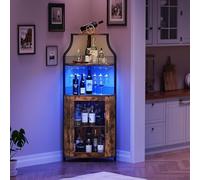 GarveeMore Armario de Vino con Luces LED, Mueble Bar Industrial de 5 Niveles con Botellero y Porta Copas, Estantería para Vinos con Puerta de Malla para Salón y Comedor, Marrón Retro
