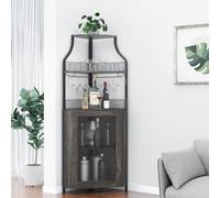 GarveeMore Armario de Vino Esquinero, Mueble Bar Industrial de 5 Niveles con Botellero y Porta Copas, Estantería para Vinos con Puerta de Malla para Salón, Bar, Comedor, Cocina, Gris Oscuro