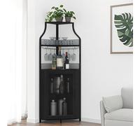 GarveeMore Armario de Vino Esquinero, Mueble Bar Industrial de 5 Niveles con Botellero y Porta Copas, Estantería para Vinos con Puerta de Malla para Salón, Bar, Comedor, Cocina, Negro