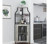 GarveeMore Armario de Vino Esquinero, Mueble Bar Industrial de 5 Niveles con Botellero y Porta Copas, Estantería para Vinos con Puerta de Malla para Salón, Bar, Comedor, Cocina, Gris