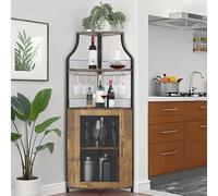 GarveeMore Armario de Vino Esquinero, Mueble Bar Industrial de 5 Niveles con Botellero y Porta Copas, Estantería para Vinos con Puerta de Malla para Salón, Bar, Comedor, Cocina, Marrón Rústico