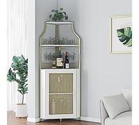 GarveeMore Armario de Vino Esquinero, Mueble Bar Industrial de 5 Niveles con Botellero y Porta Copas, Estantería para Vinos con Puerta de Malla para Salón, Bar, Comedor, Cocina, Dorado