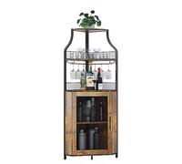 GarveeMore Armario de Vino Esquinero, Mueble Bar Industrial de 5 Niveles con Botellero y Porta Copas, Estantería para Vinos con Puerta de Malla para Salón y Comedor, Marrón Retro