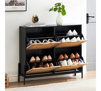 GarveeMore Armario Zapatero Moderno De Ratán con 4 Cajones Abatibles - Diseño Delgado para Entrada y Pasillo - Almacenamiento Eficiente con Patas Metálicas