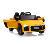 GarveeMore Coche eléctrico Infantil 12V Audi Modelo Versión Spyder con Licencia - Control Remoto Parental - Suspensión, Luces LED y música - Cinturón de Seguridad para niños 3-8 años - Color Amarillo