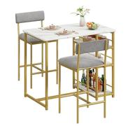 GarveeMore Conjunto De Comedor Compacto para 2 Personas, Mesa Alta con 3 Amplios Estantes De Almacenaje y 2 Taburetes Acolchados, Mueble Multifuncional para Cocina o Salón Pequeño