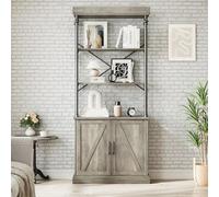 GarveeMore Estantería Alta Industrial para salón - Madera y Metal, 5 Niveles, Puertas, Armario y cajones, Almacenamiento Multifuncional, Estilo Vintage, Ideal Sala, Dormitorio u Oficina, Color Gris