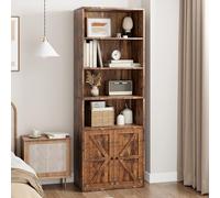 GarveeMore Estantería De 5 Niveles con Puertas Abatibles, Madera Rústica, para Libros y Decoración, para Salón y Oficina, 60×30×181 cm