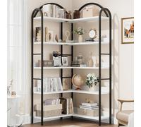 GarveeMore Estantería de Esquina Multinivel, Librero de Rincón con Marco de Metal y Acabado de Madera, para Salón, Dormitorio, Estudio y Hogar, Blanco