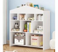 GarveeMore Estantería Infantil En Forma De Casa, Librero Organizador De Madera con 4 Niveles y 15 Compartimentos para Libros y Juguetes, Mueble con Kit Antivuelco para Dormitorio y Guardería, Blanco