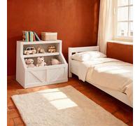 GarveeMore Estantería Librería Infantil y Juguetero con Cubos, Mueble de Madera para Niños, 80cm Bajo Habitación Niños, Cuarto Juegos, Rincón Estudio, Anti-Vuelco, Fácil Limpieza, Blanco Antiguo