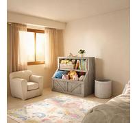 GarveeMore Estantería Librería Infantil y Organizador Juguetes con Cubos, Mueble de Madera para Niños, 80cm Bajo Habitación Niños, Cuarto Juegos, Rincón Estudio, Anti-Vuelco, Fácil Limpieza, Gris