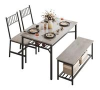 GarveeMore Juego de Comedor Grande - con 2 sillas y 1 Banco, Mesa con 2 estantes de Almacenamiento, Material de Madera Maciza, Estructura metálica Resistente, para 4 o más Personas, Color Gris