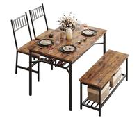 GarveeMore Juego de Comedor Grande - con 2 sillas y 1 Banco, Mesa con 2 estantes de Almacenamiento, Material de Madera Maciza, Estructura metálica Resistente, para 4 o más Personas, Color Vintage