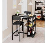GarveeMore Juego de Mesa de Bar con 2 Sillas Acolchadas, Mesa con 3 Estantes y Botellero, Diseño Ahorra Espacio para Cocina, Salón y Comedor, Negro