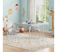 GarveeMore Juego De Mesa y 2 Sillas Plegables para Niños, Trío De Muebles Ligeros con Superficie De PU Cuero, Ideales para Comer, Manualidades y Aprender En Casa o Viaje, Gris