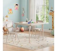 GarveeMore Juego De Mesa y 2 Sillas Plegables para Niños, Trío De Muebles Ligeros con Superficie De PU Cuero, Ideales para Comer, Manualidades y Aprender En Casa o Viaje, Beige